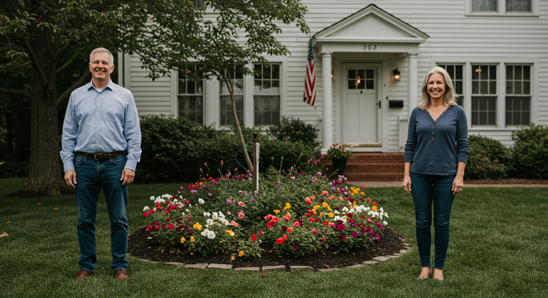 divorced couple in front for house